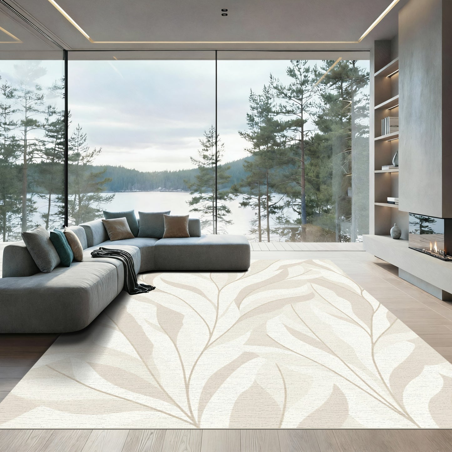 Neutral Beige Woven Leaf Branches Rug