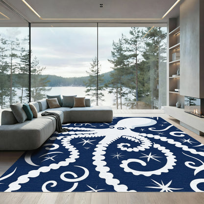 Midnight White Octopus Swirls Rug