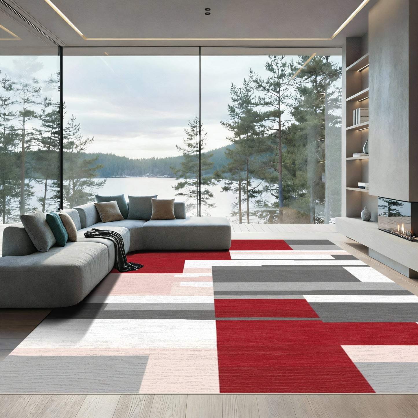 Crimson Gray Abstract Rectangular Blocks Rug