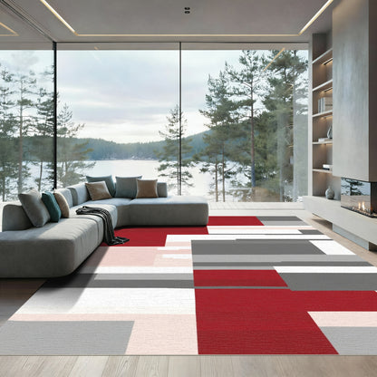 Crimson Gray Abstract Rectangular Blocks Rug