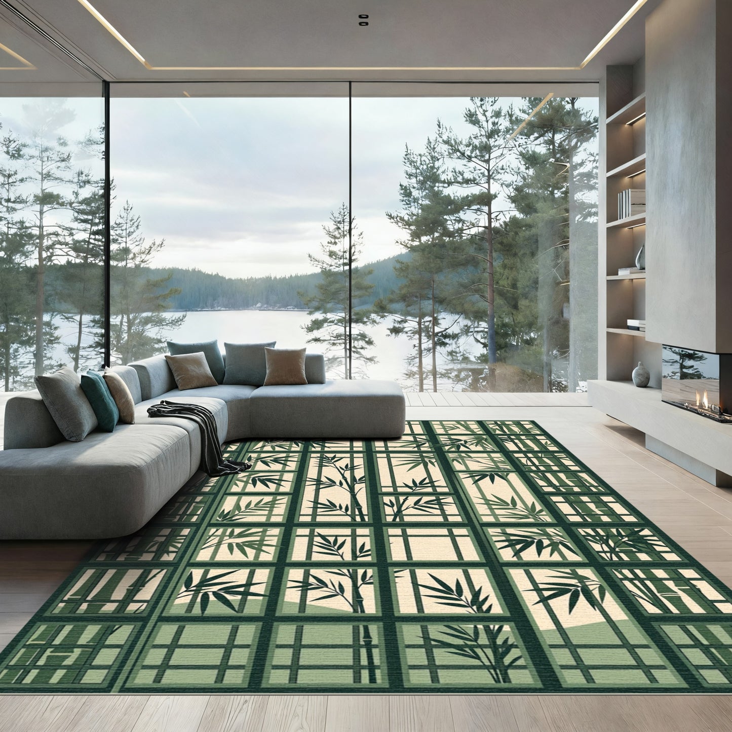 Zen Bamboo Grid Sage Window Art Rug