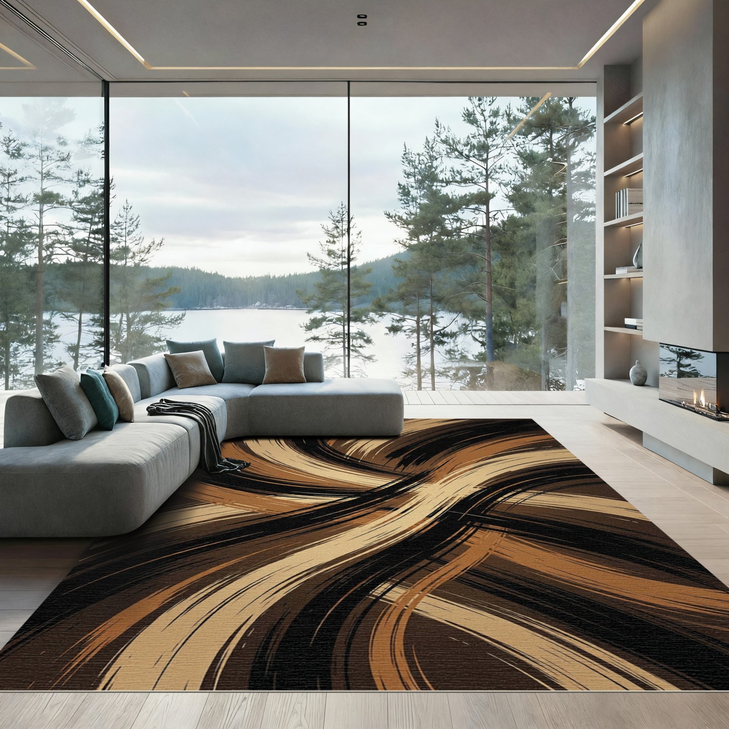 Golden Black Abstract Swirling Earth Tone Rug