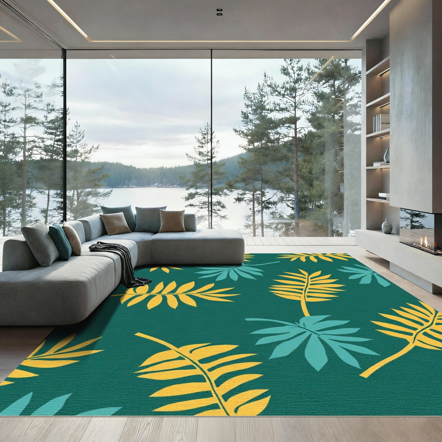Yellow Teal Leafy Foliage Background Rug