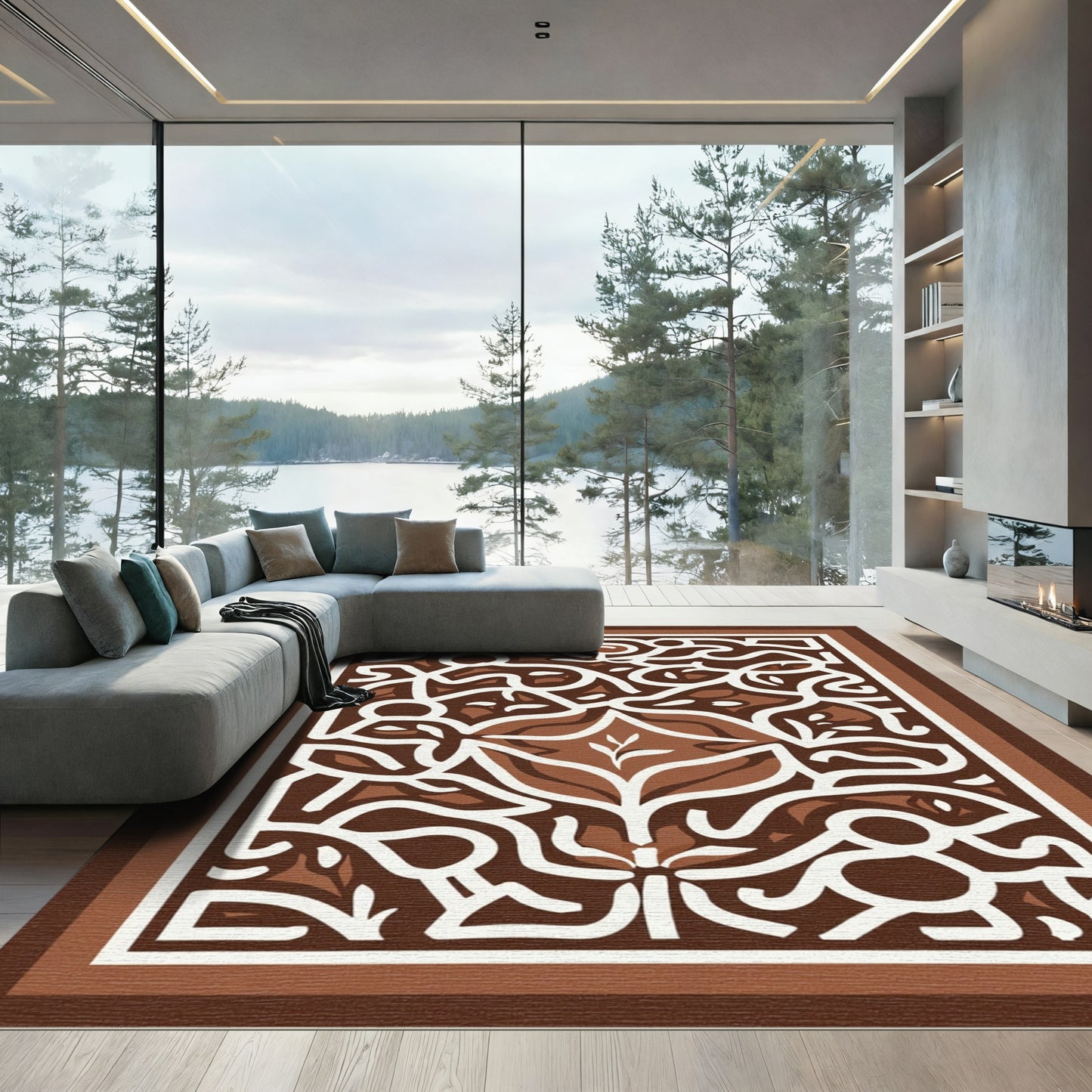 Brown White Abstract Floral Garden Rug