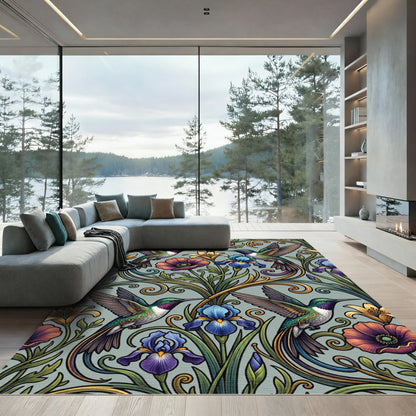 Art Nouveau Hummingbird and Floral Illustration Rug