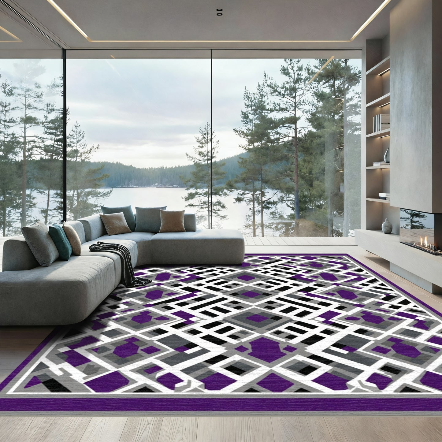 Purple Abstract Geometric Interlocking Shapes Rug