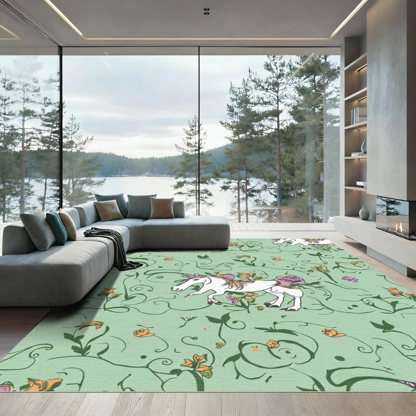Whimsical White Unicorn Garden Swirls Rug