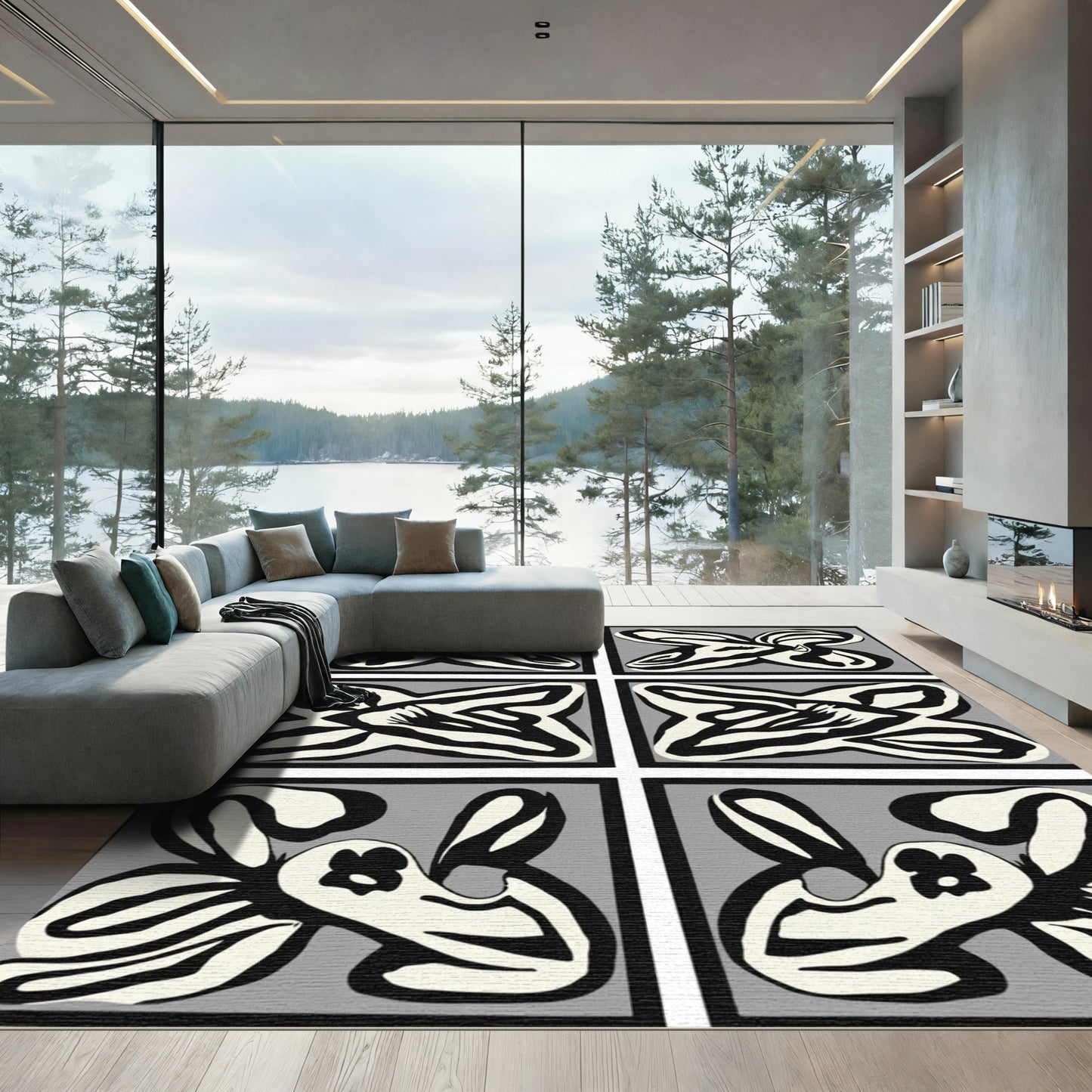 Gray Abstract Floral Panels Rug