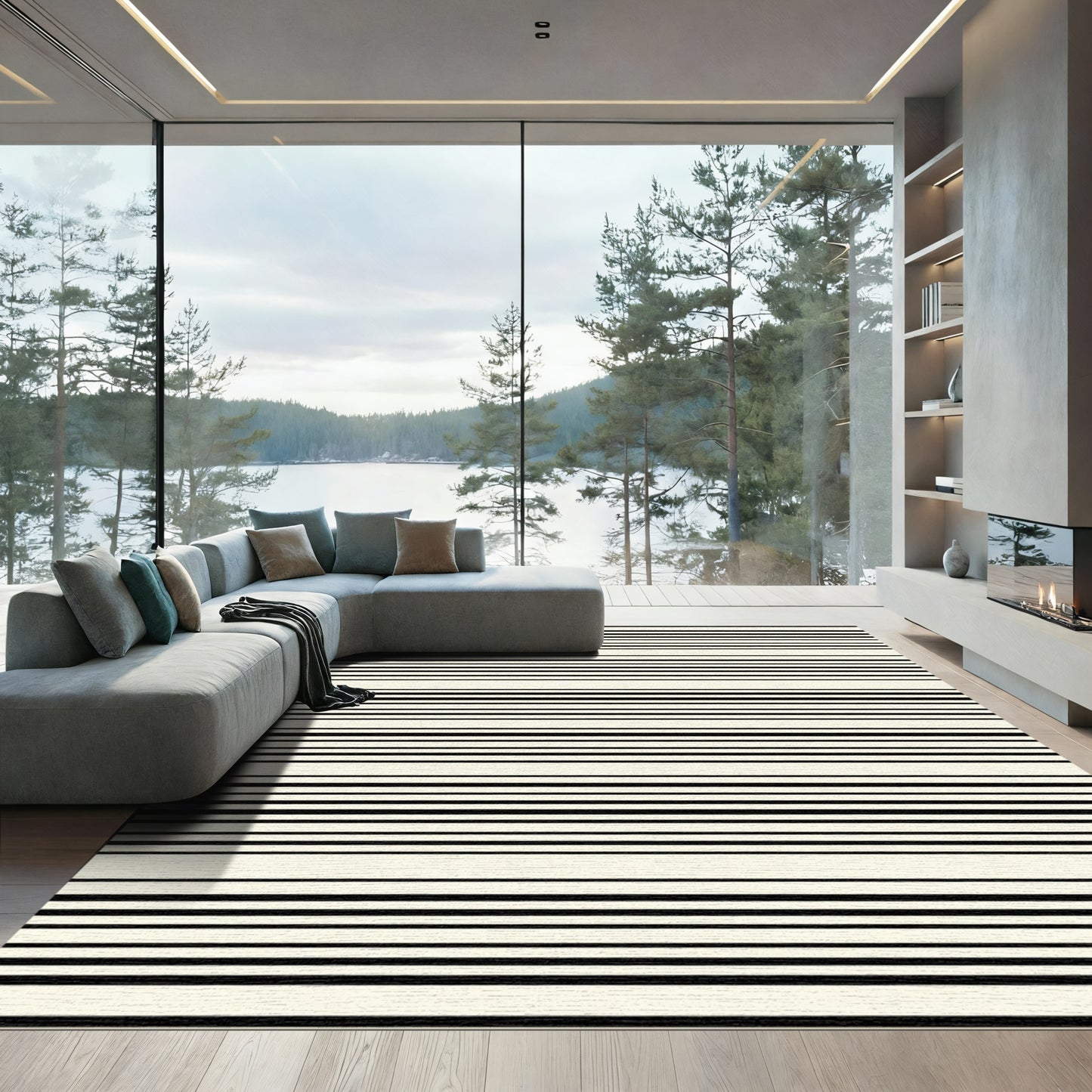 Cream Black Horizontal Stripe Rug