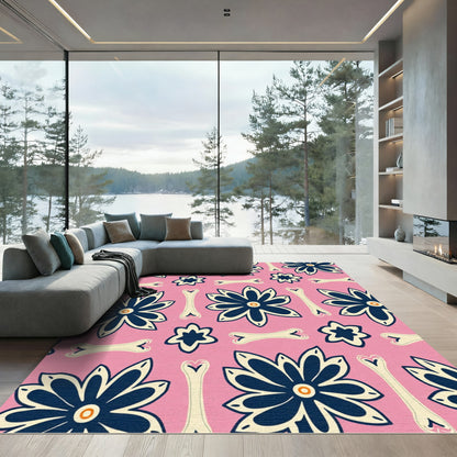 Bold Navy Floral Bone Pattern Rug