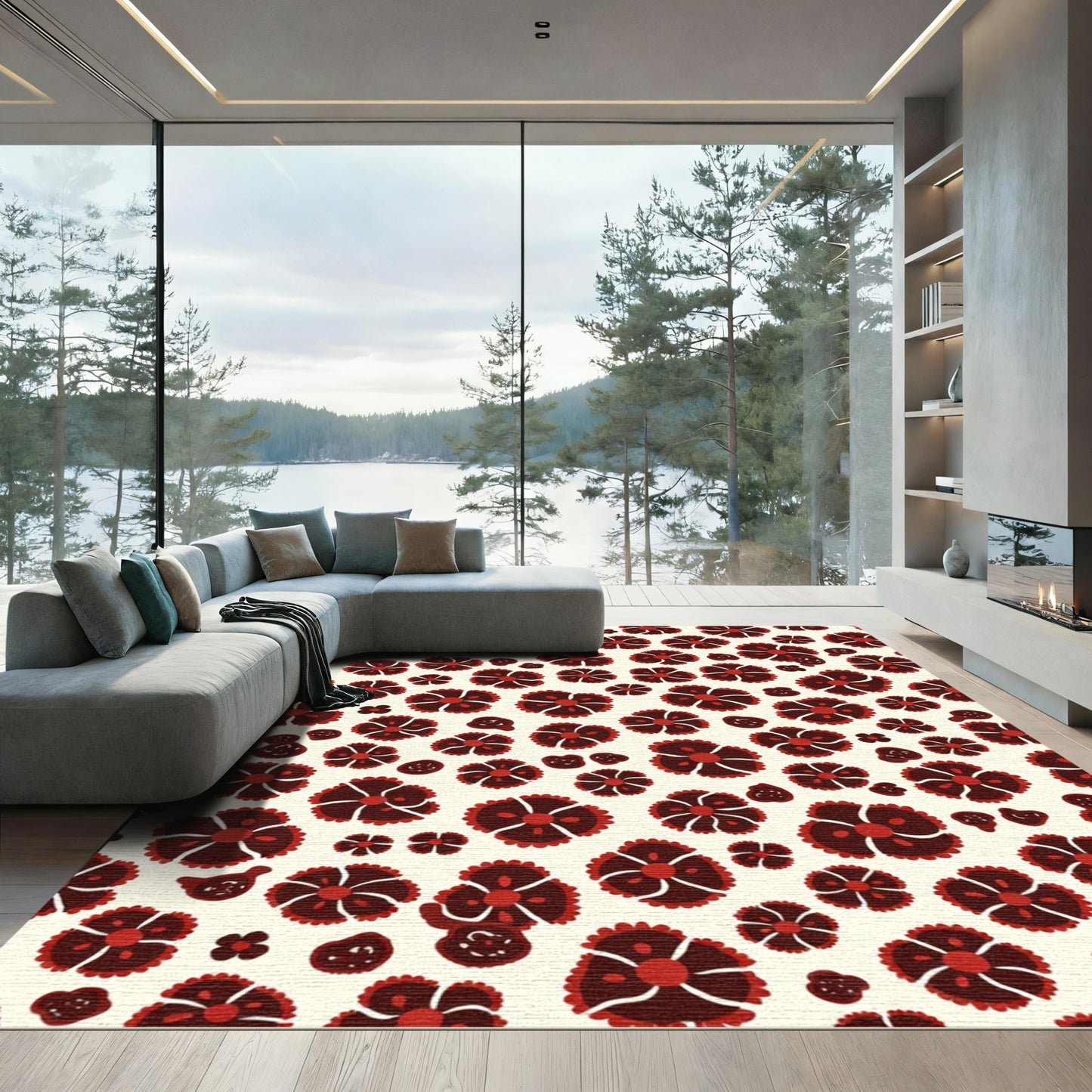 Crimson Red Folk Flower Array Rug