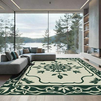 Dark Green Ivory Floral Medallion Lattice Rug