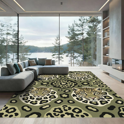 Olive Green Leopard Face Arrangement Rug