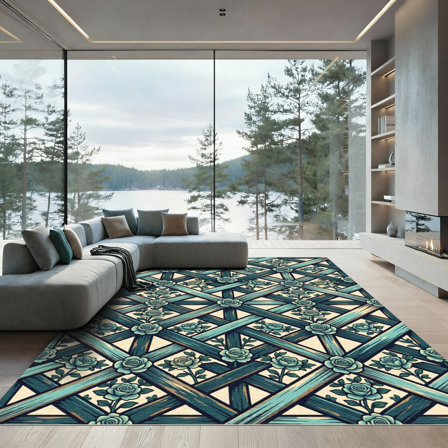 Teal Rose Lattice Garden Rug