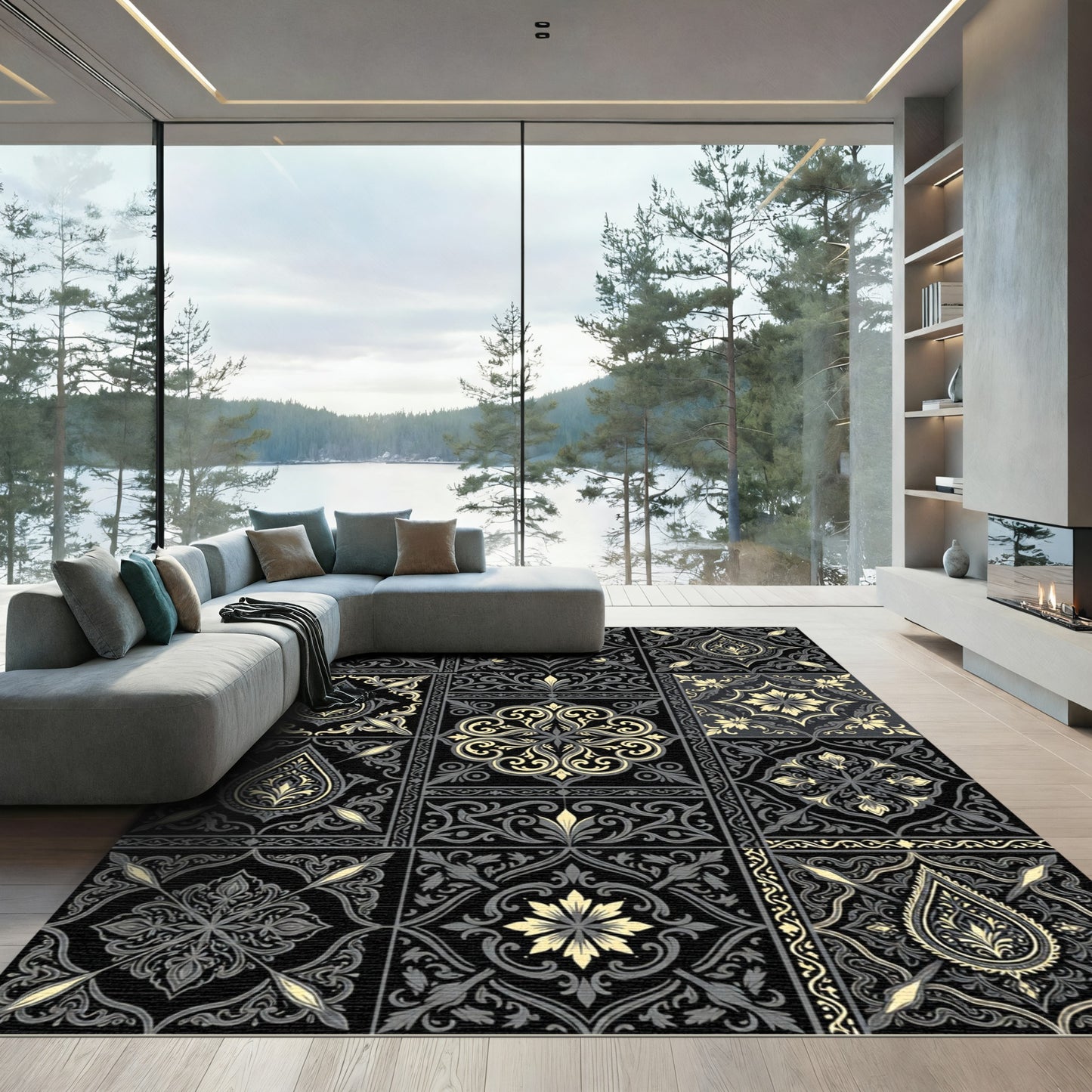 Black Golden Paisley Medallion Collage Rug