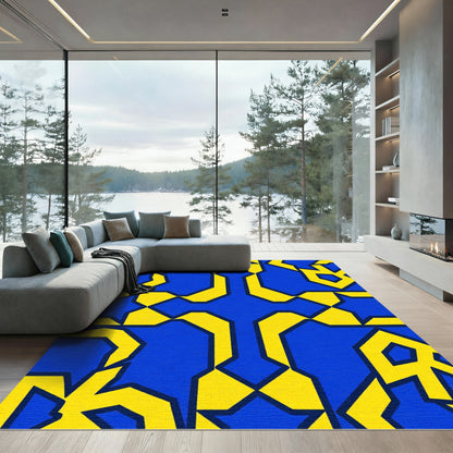 Bold Blue Yellow Geometric Interlocking Rug