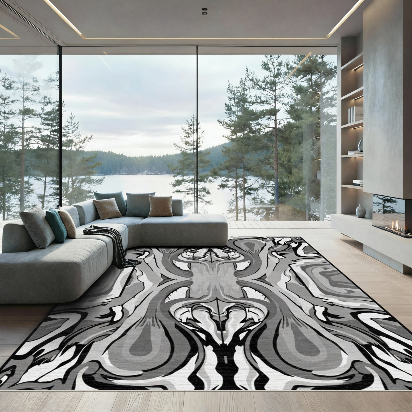 Symmetrical Gray Psychedelic Swirl Rug