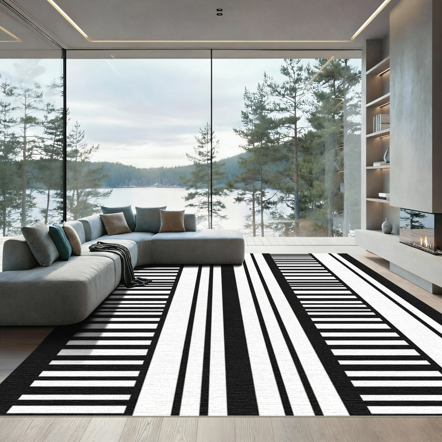 Bold Monochrome Barcode Lines Rug