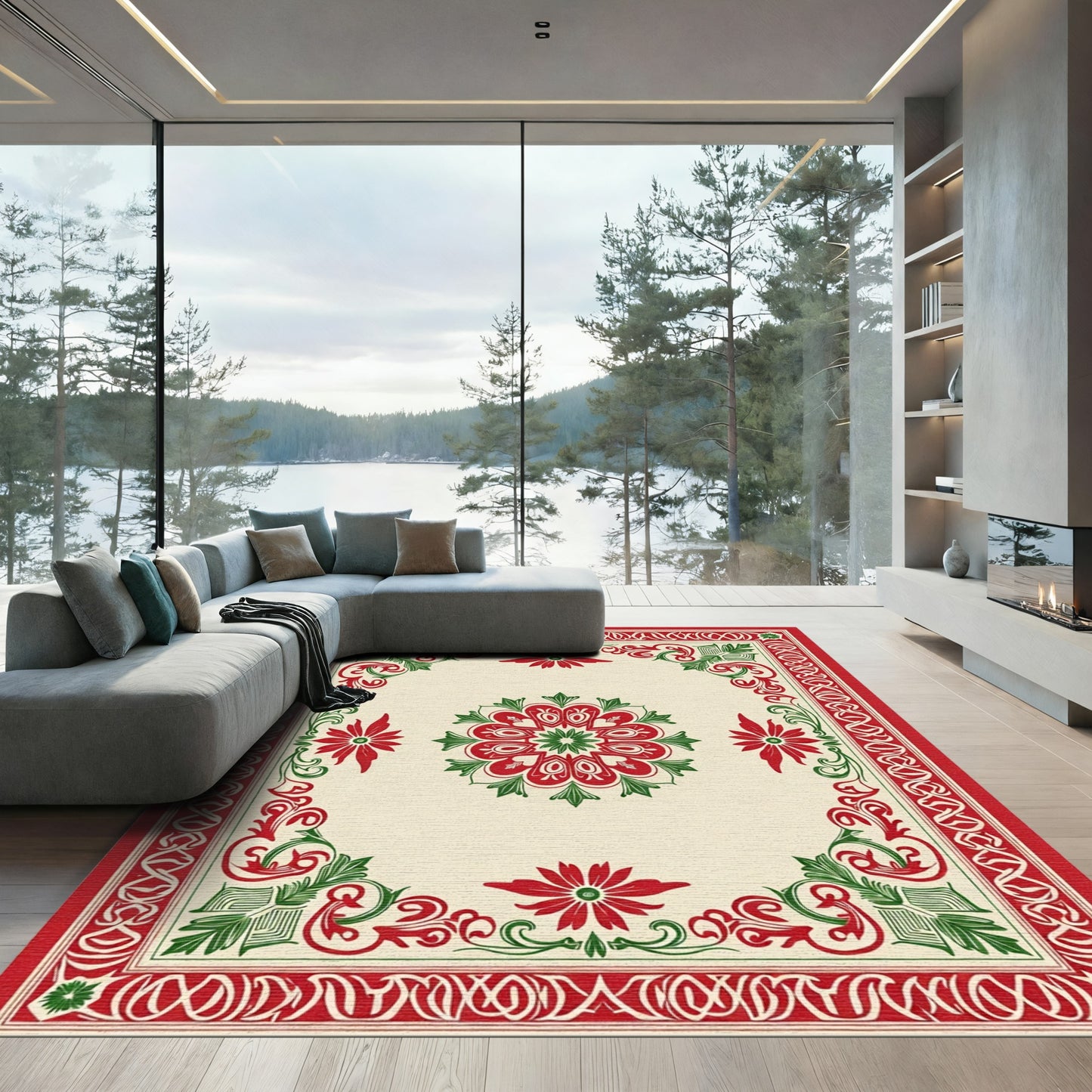 Classic Red Green Floral Mandala Rug