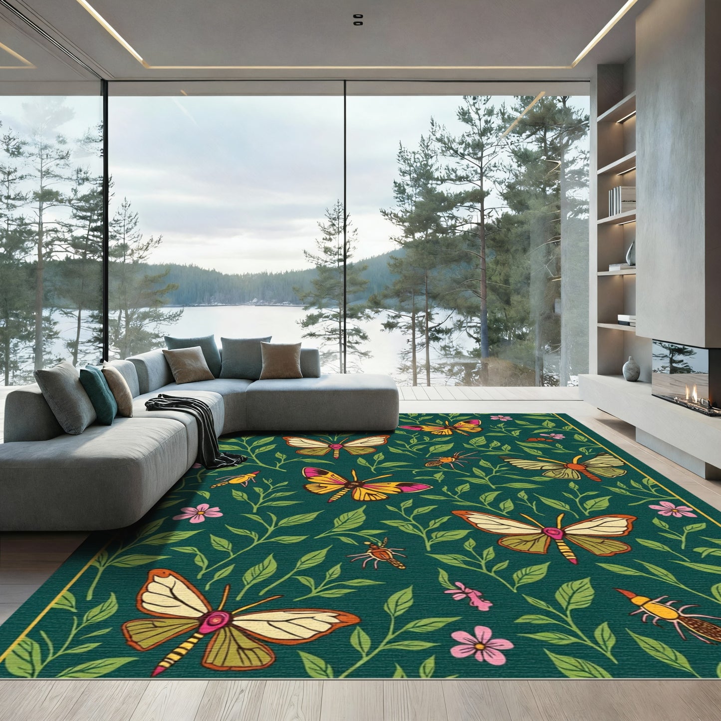 Emerald Green Butterfly Garden Whimsy Rug