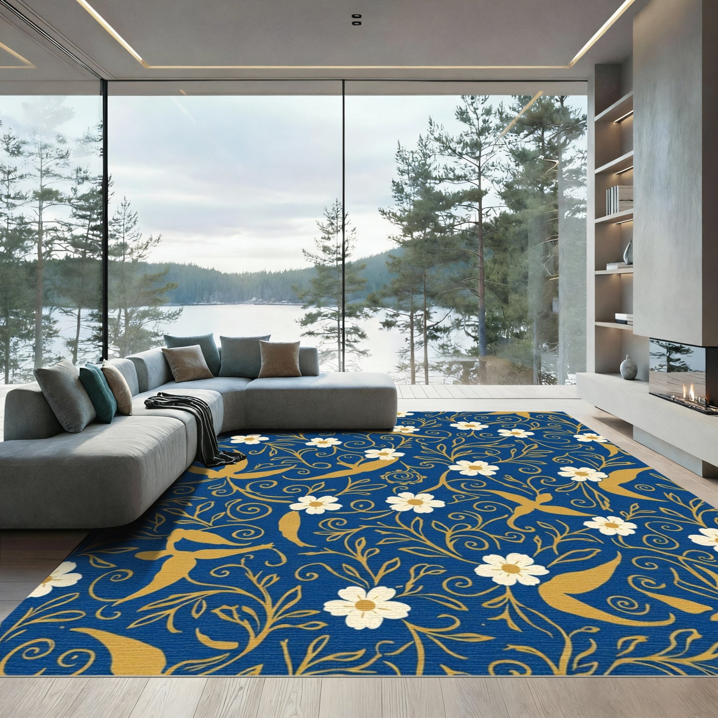 Golden Swifts White Blossom Meadow Rug