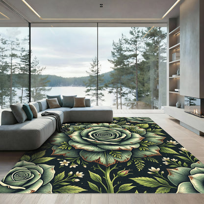 Sage Green Vintage Rose Floral Rug