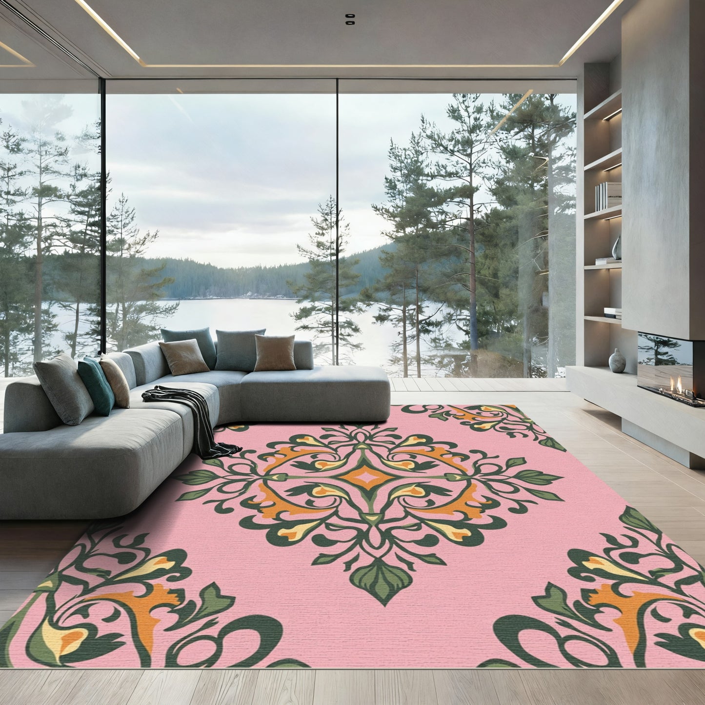Pink Floral Arabesque Vine Rug