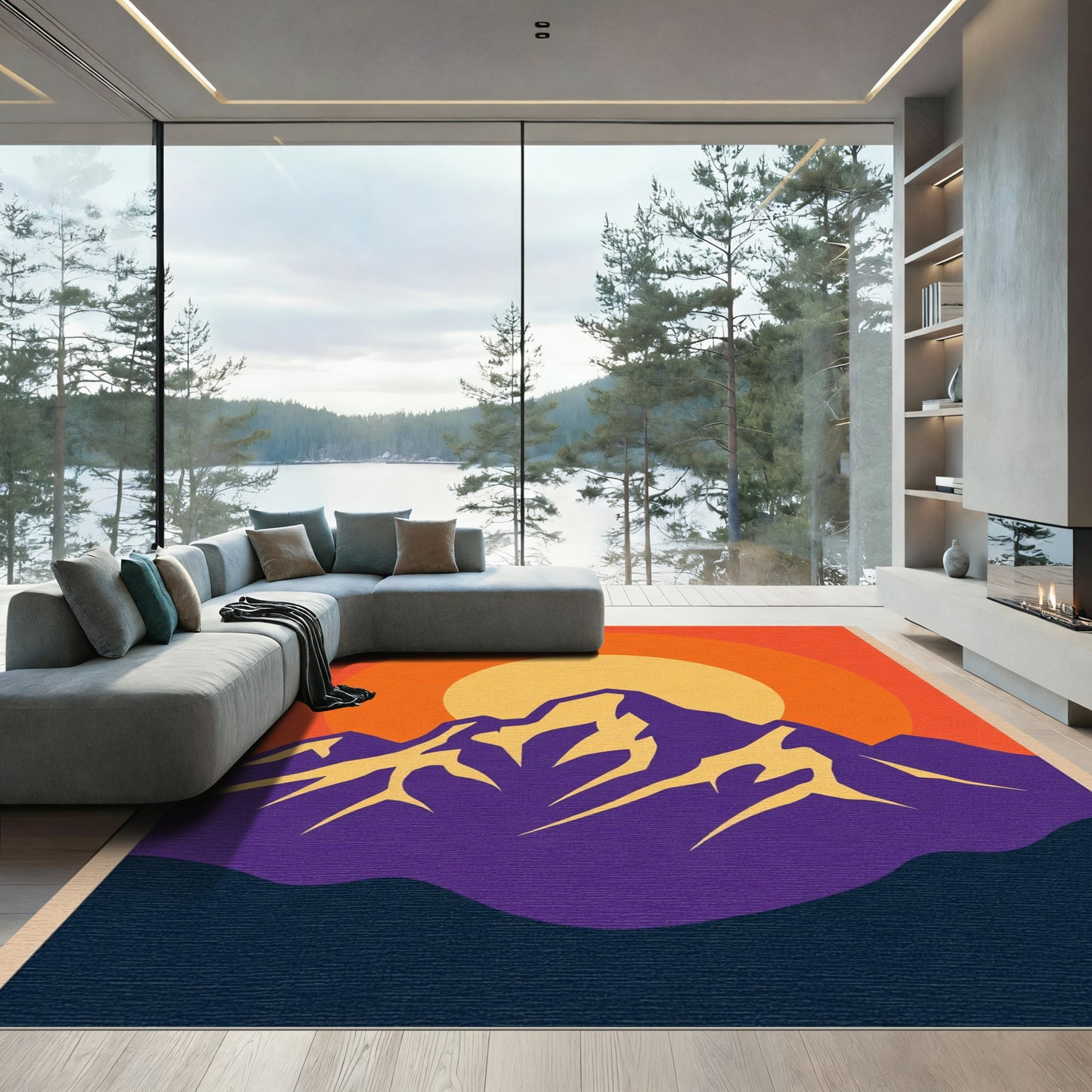 Vivid Sunset Mountain Landscape Rug