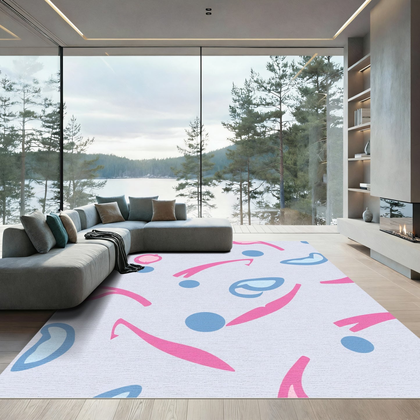 Playful Pink Blue Abstract Swirls Rug
