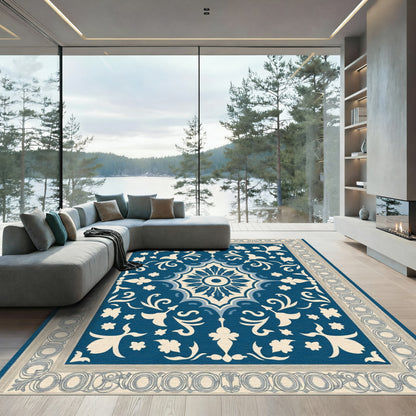 Ornate Cobalt Bloom Within Border Rug