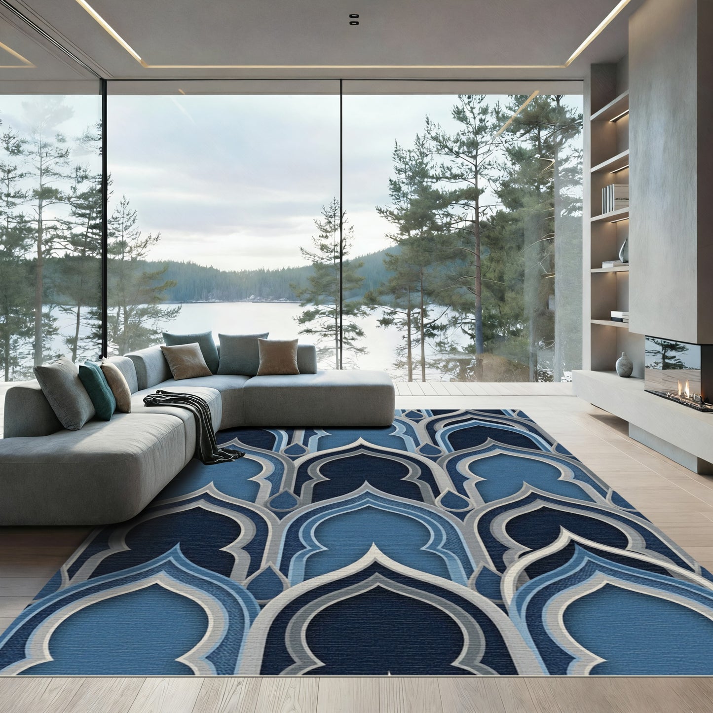Layered Indigo Blue Arched Medallion Rug