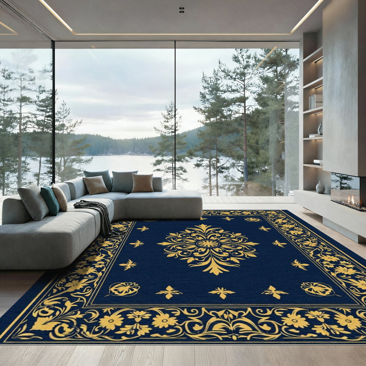 Dark Blue Gold Floral Medallion Border Rug