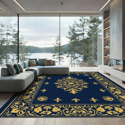 Dark Blue Gold Floral Medallion Border Rug