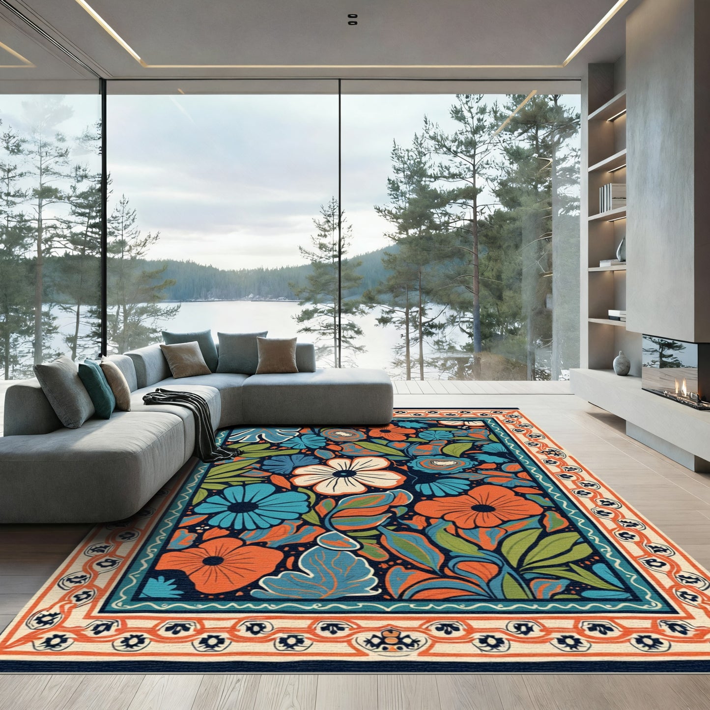 Bold Orange Blue Floral Garden Border Rug