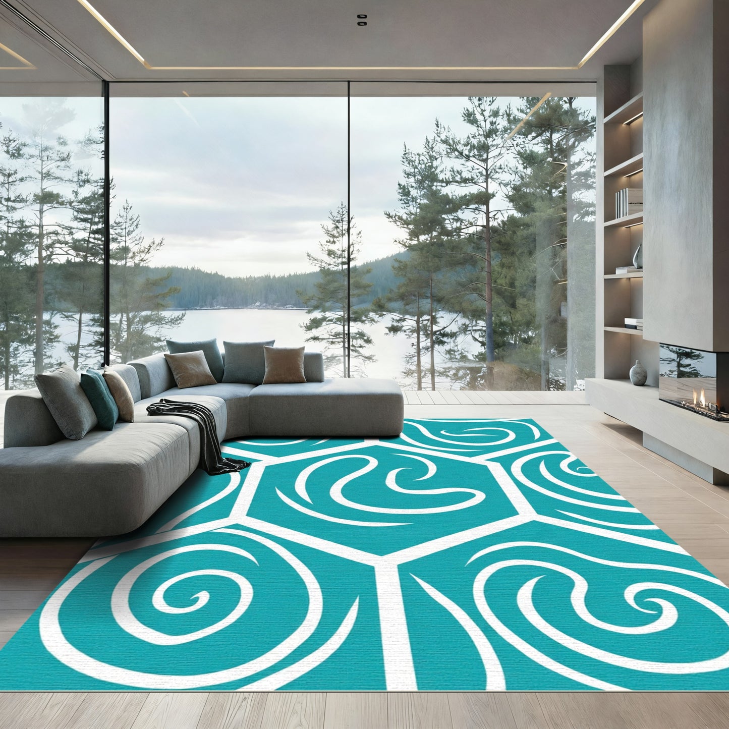 Teal White Swirling Hexagon Abstract Rug