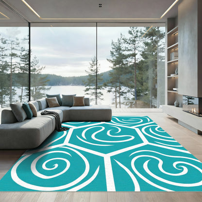 Teal White Swirling Hexagon Abstract Rug