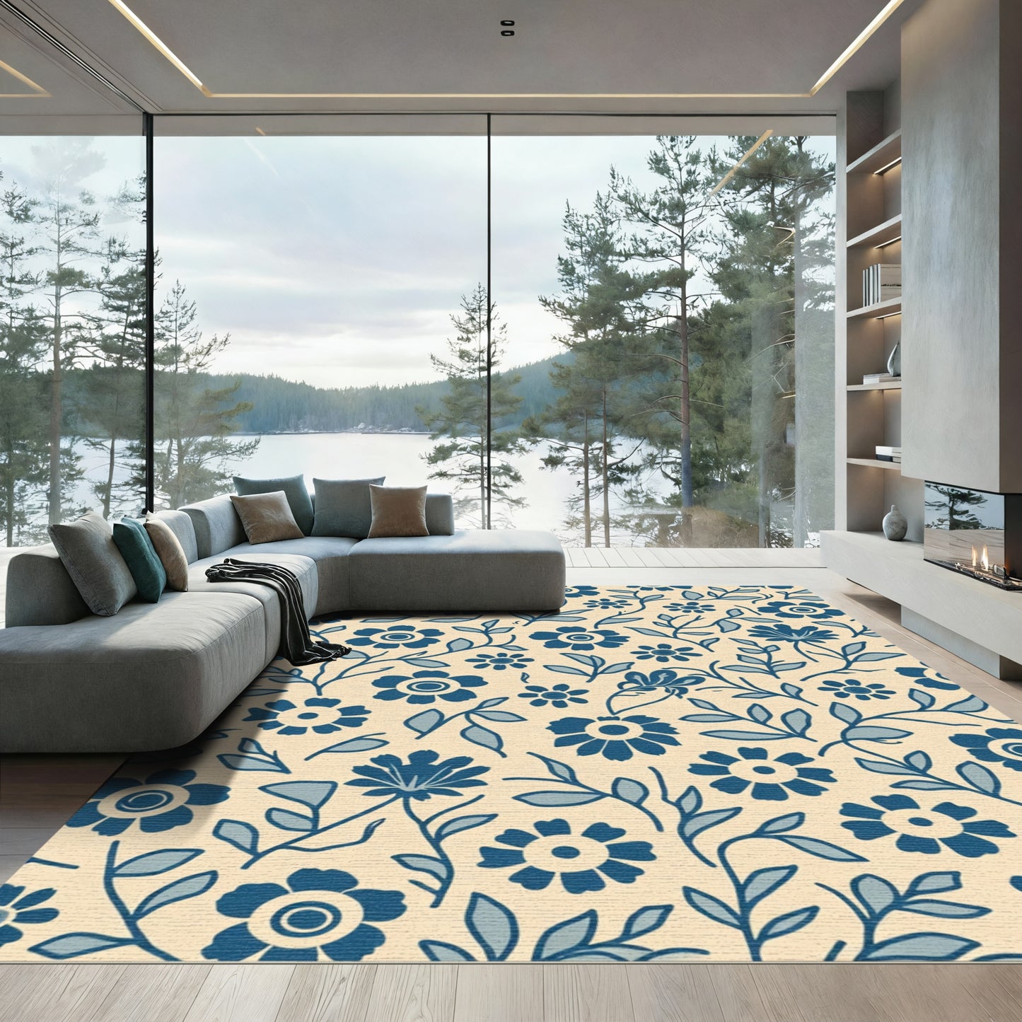 Blue Floral Vine Cream Rug