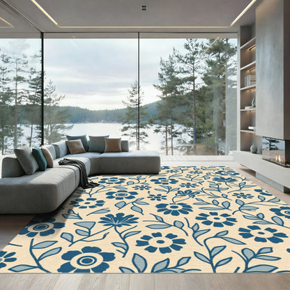Blue Floral Vine Cream Rug