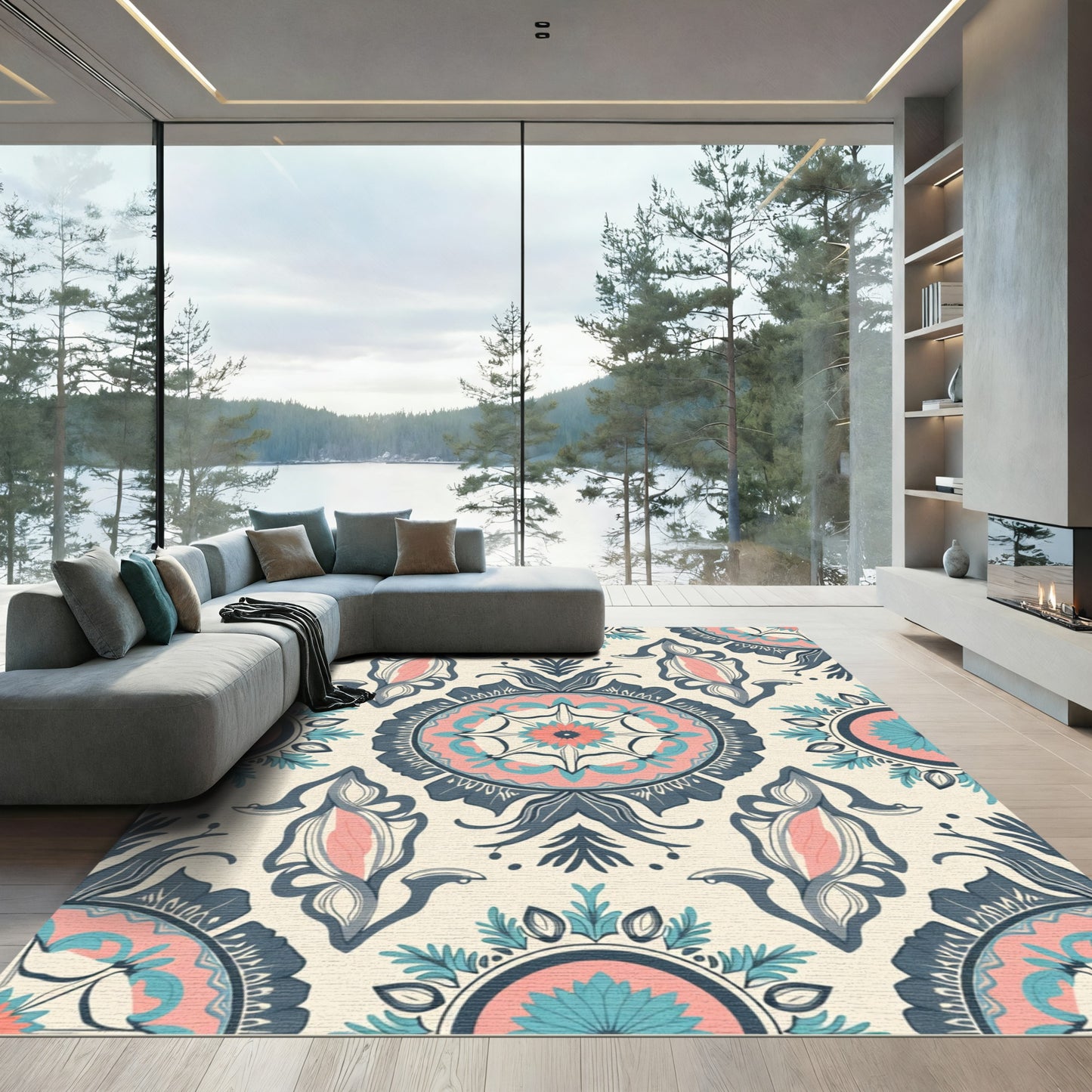 Coral Teal Indigo Medallion Floral Rug