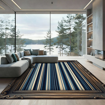 Classic Blue Cream Striped Composition Rug