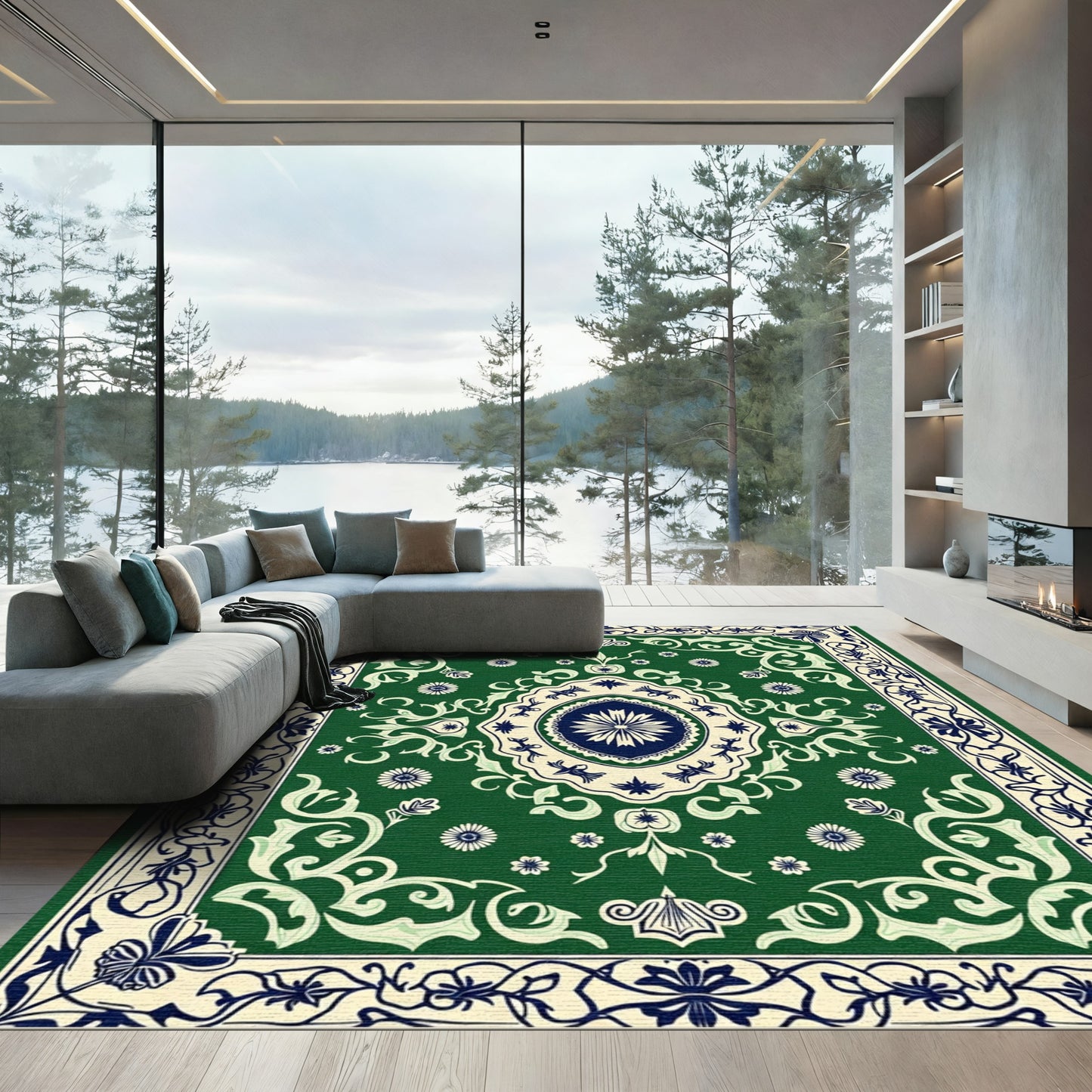 Deep Emerald Floral Medallion Border Rug