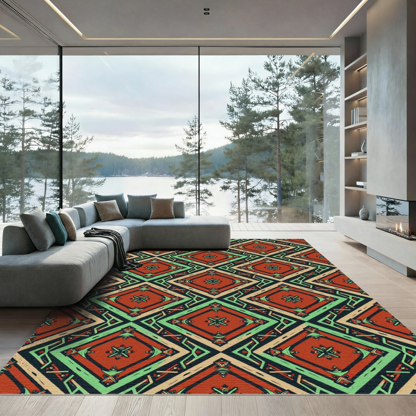 Earthy Geometric Diamond Terracotta Green Rug