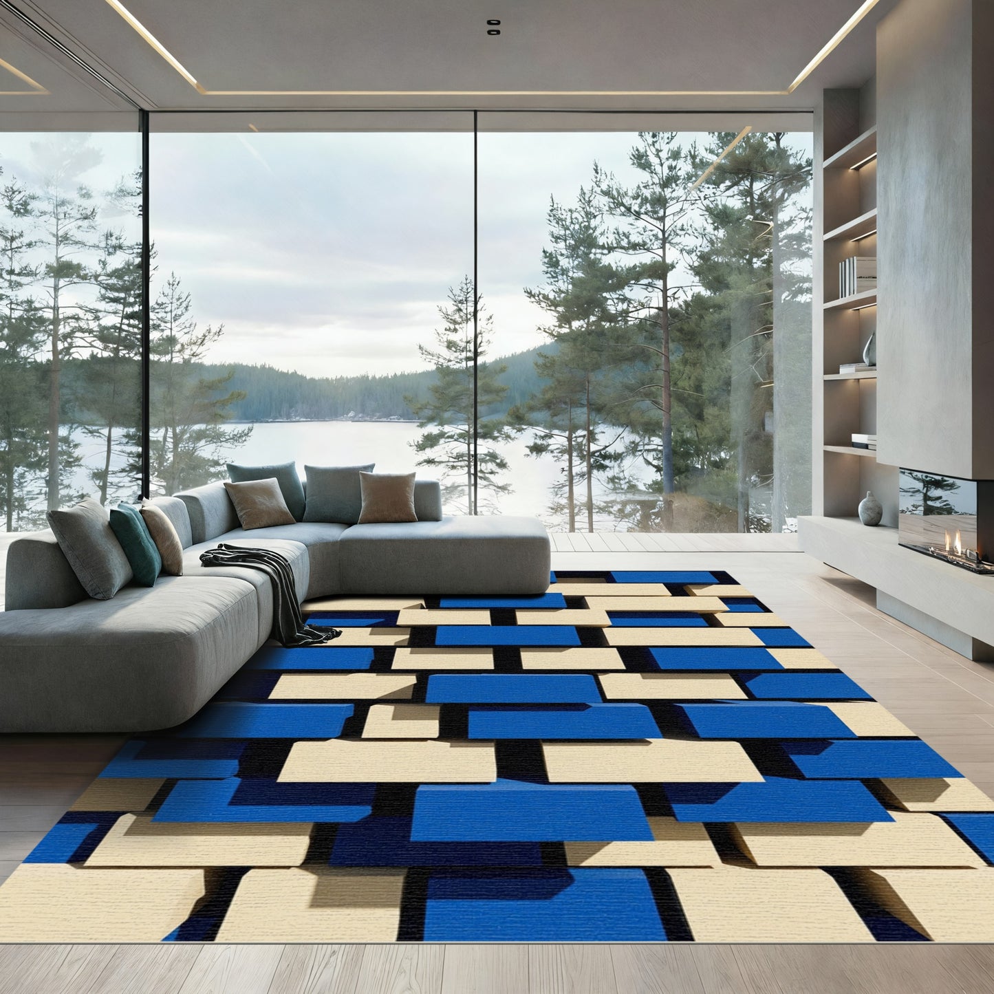Modern Geometric Blue and Cream Blocks Rug
