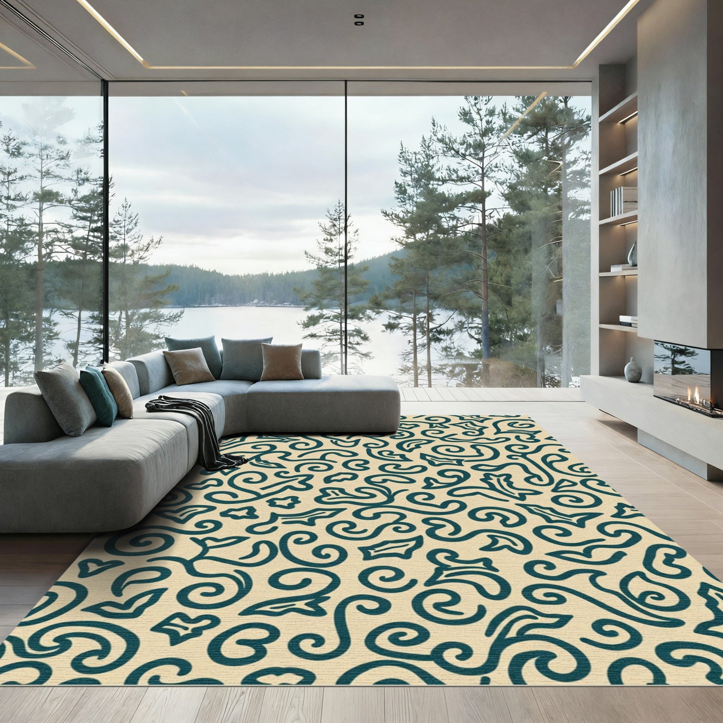 Teal Swirl Leaf Contemporary Pattern Rug