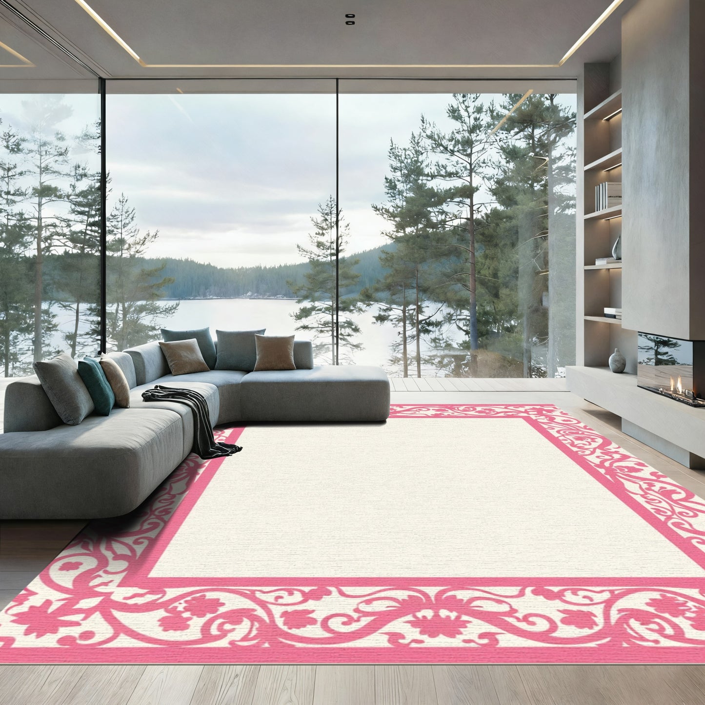 Pink Floral Scroll Border Rug
