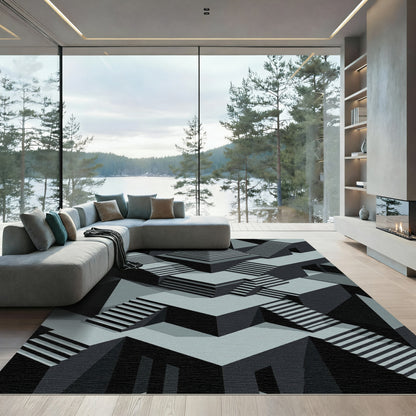 Grey Isometric Geometric Staircase Architecture Matrix Rug
