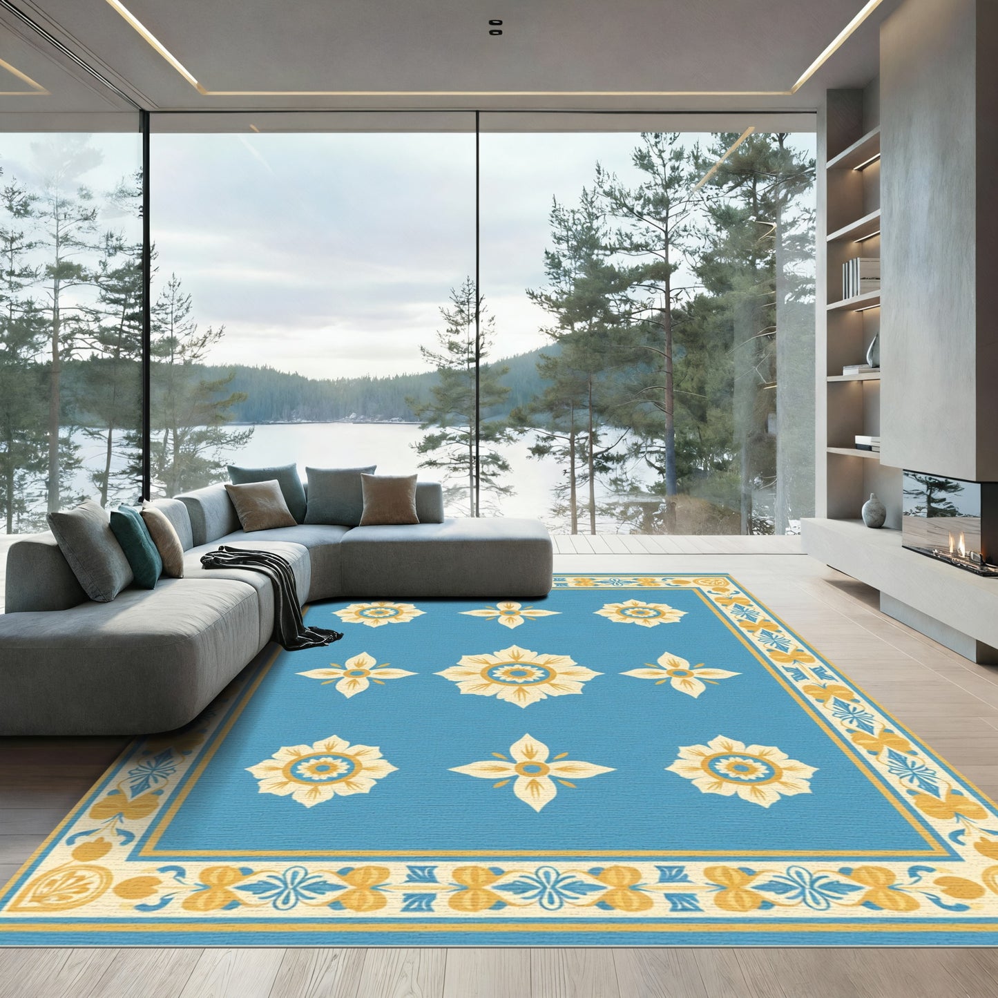 Blue Cream Yellow Floral Medallion Border Rug
