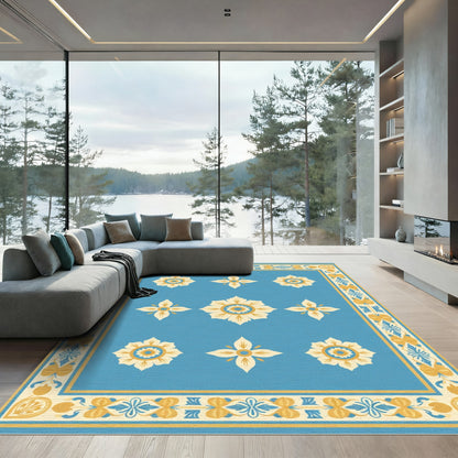 Blue Cream Yellow Floral Medallion Border Rug