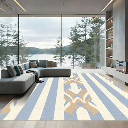Soft Blue Beige Vertical Stripe Motif Rug