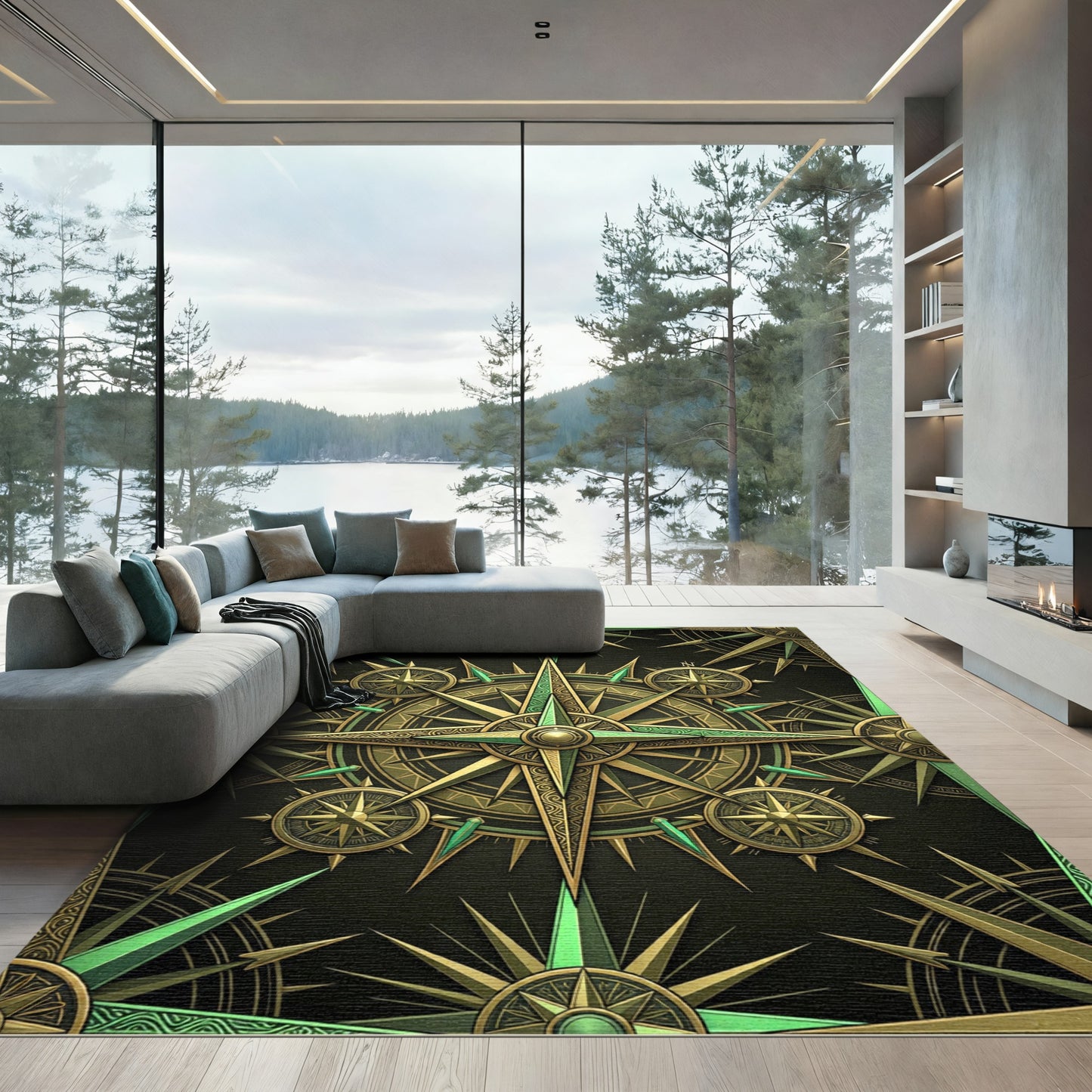 Golden Green Compass Rose Medallion Rug